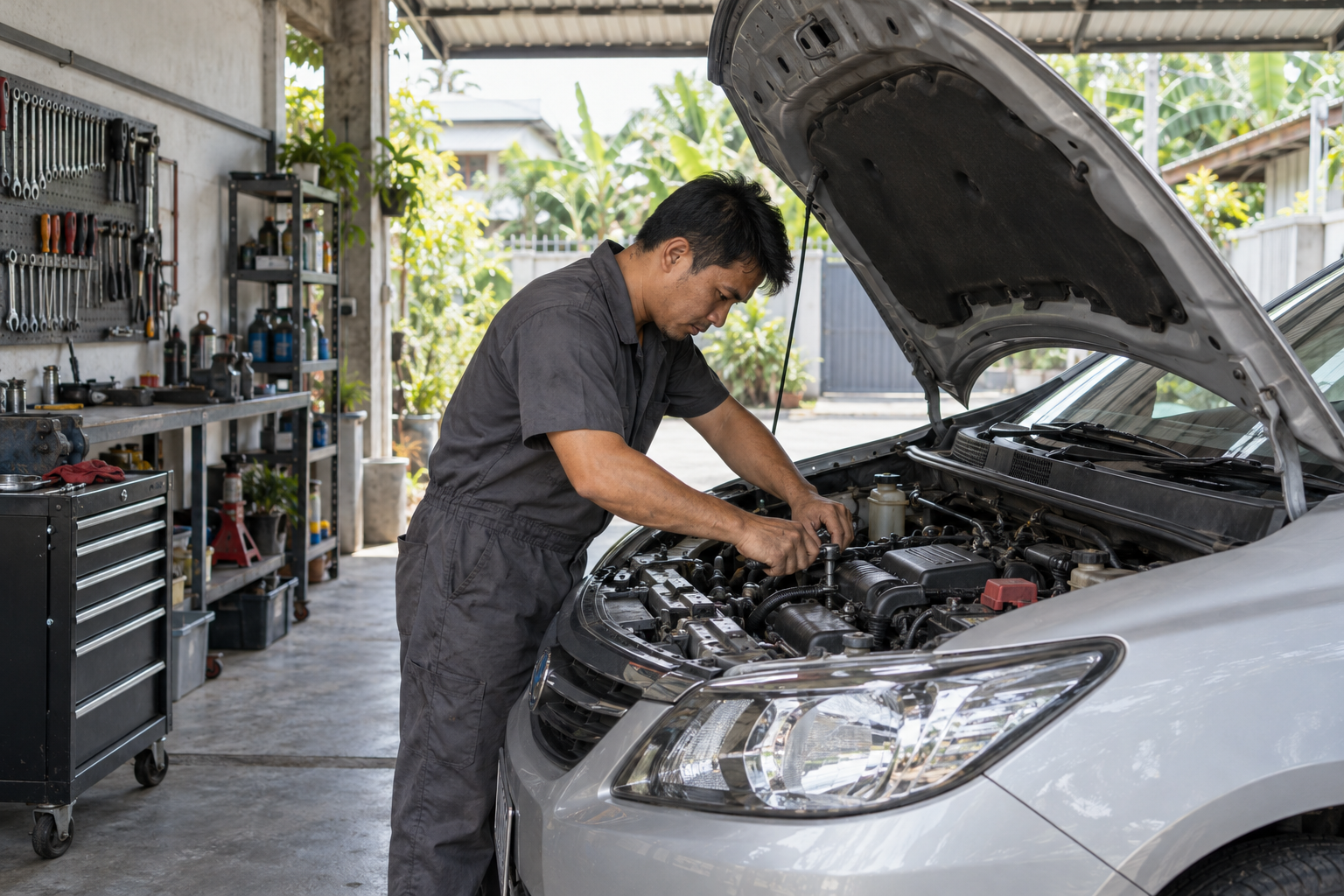 Illustrative independent mechanic working under a car bonnet