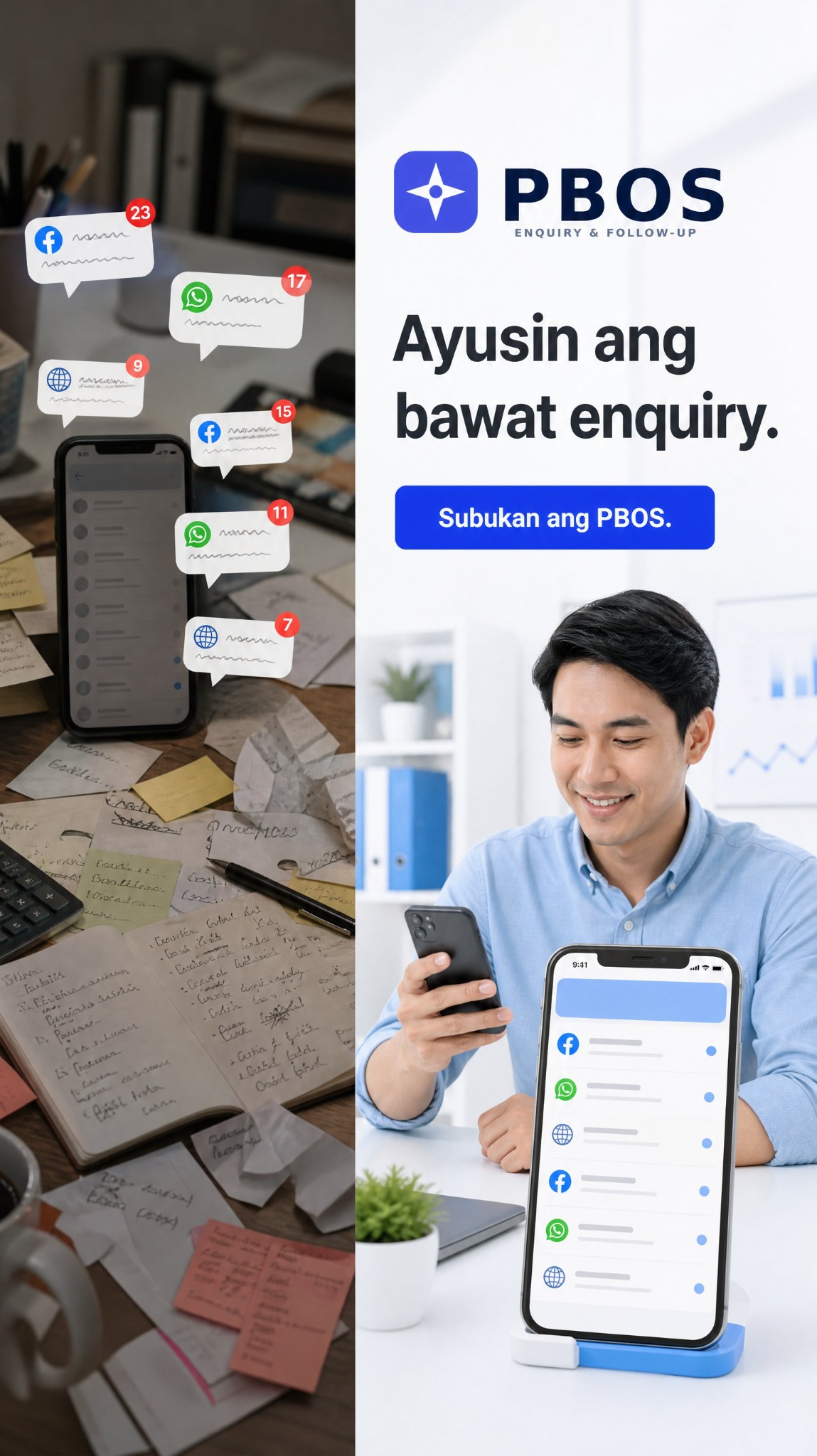 PBOS helps businesses organize enquiries from Facebook, WhatsApp, and their website