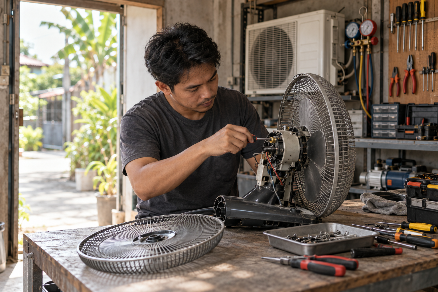 Illustrative solo technician inspecting a household appliance